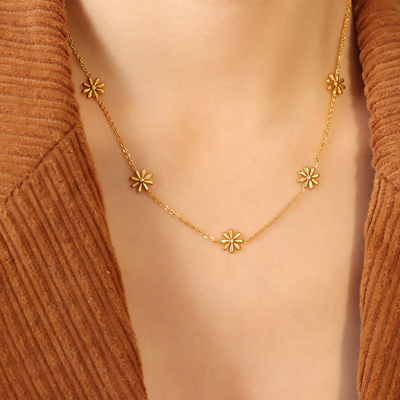 Amelia Gold Flower Pattern Necklace on neck