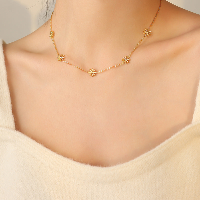 Amelia Gold Flower Pattern Necklace on neck